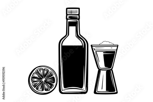 Tequila bottle and filled shot glass beside salt shaker and lime slice, vector illustration art