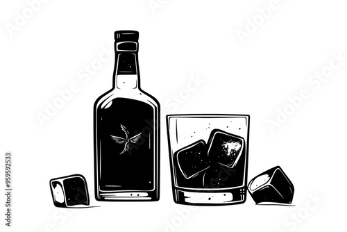 Whiskey bottle and filled glass on wooden surface with cork, vector illustration art