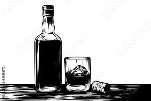 Whiskey bottle and filled glass on wooden surface with cork, vector illustration art