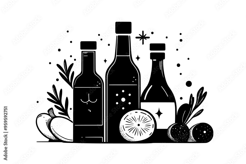 Assorted bottles with liquid, placed next to fresh ingredients on a neutral background, vector illustration art Assorted bottles with liquid, placed next to fresh ingredients on a neutral background, vector illustration art