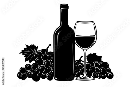 Unopened wine bottle with a filled glass and a corkscrew resting nearby, vector illustration art