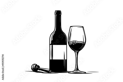 Unopened wine bottle with a filled glass and a corkscrew resting nearby, vector illustration art