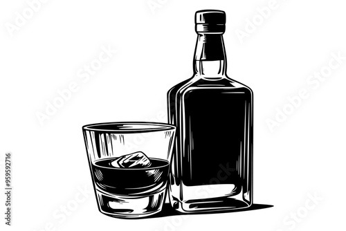Unopened whiskey bottle with filled glass showing liquid inside, vector illustration art