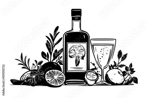Unopened gin bottle with filled glass, fresh herbs, and fruits, vector illustration art