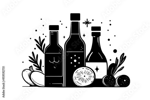 Assorted bottles with liquid, placed next to fresh ingredients on a neutral background, vector illustration art