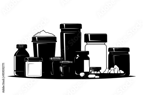 Assorted shaker bottles with liquid near protein powder containers on a neutral background, vector illustration art