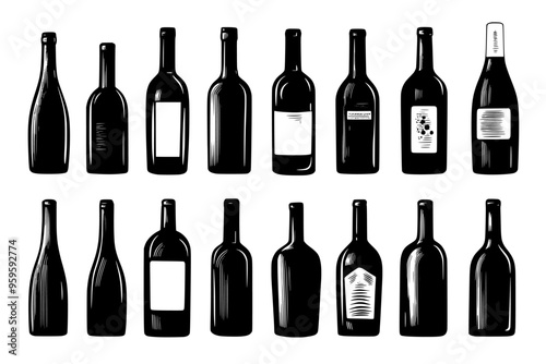 Assorted vintage wine bottles displayed in an orderly fashion, vector illustration art