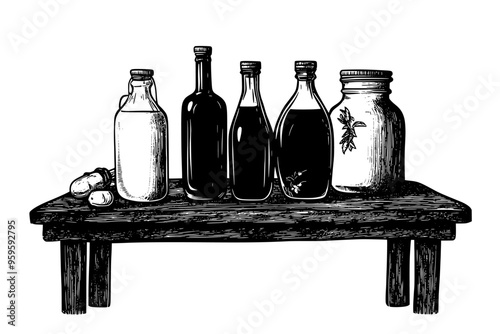 Bottles and jars with liquid, accompanied by fermentation equipment on a rustic table, vector illustration art