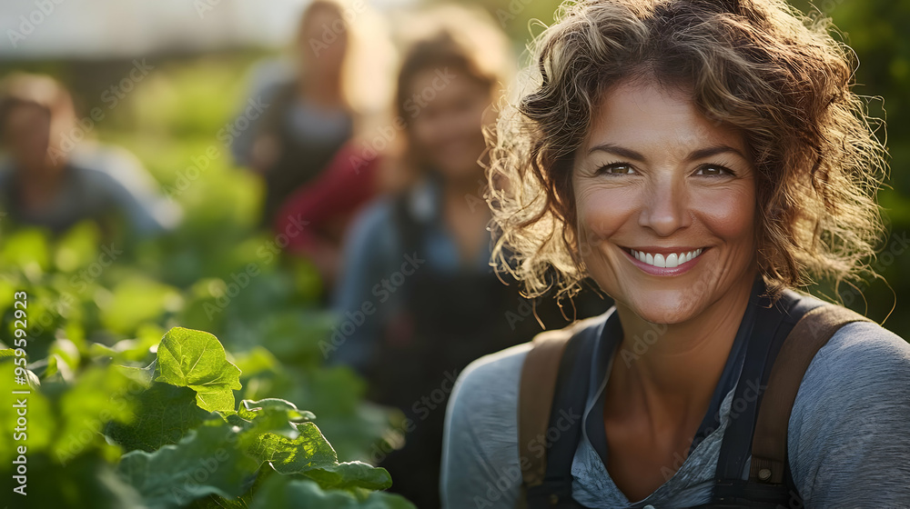 A smiling woman in a garden with others, showcasing teamwork and joy. A smiling woman in a garden with others, showcasing teamwork and joy.