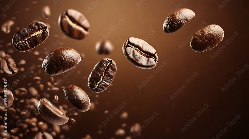 Coffee Beans Falling into a Pile of Roasted Coffee Beans Coffee Beans Falling into a Pile of Roasted Coffee Beans
