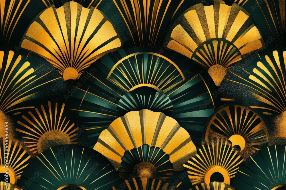 Pattern of Art Deco-inspired motifs, including geometric shapes, fan patterns, and sunbursts. Use a luxurious color palette with gold, black, and deep emerald green Pattern of Art Deco-inspired motifs, including geometric shapes, fan patterns, and sunbursts. Use a luxurious color palette with gold, black, and deep emerald green