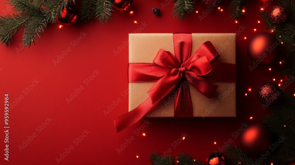 Christmas Gift Box with Red Bow and Festive Decorations Christmas Gift Box with Red Bow and Festive Decorations