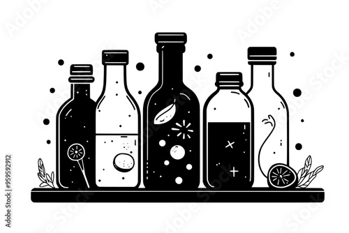 Collection of bottles and jars with liquid, surrounded by fermentation tools on a wooden surface, vector illustration art