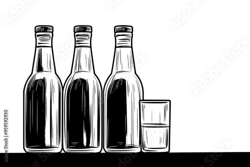 Glass bottles of premium tonic water standing upright on a bar counter, vector illustration art