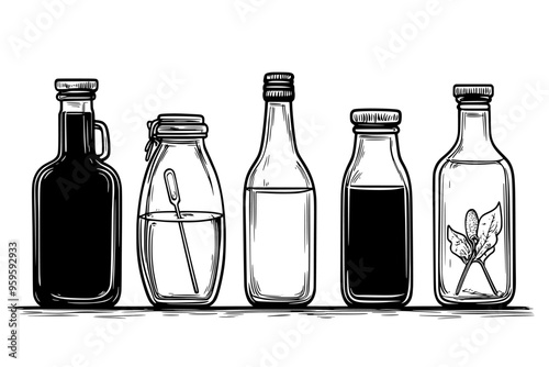 Glass bottles and jars with liquid, accompanied by fermentation tools on a wooden surface, vector illustration art