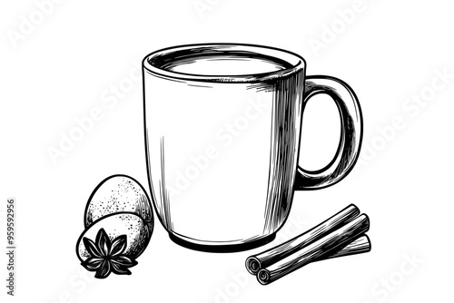 Ceramic mug containing eggnog beside whole nutmeg and cinnamon sticks, vector illustration art
