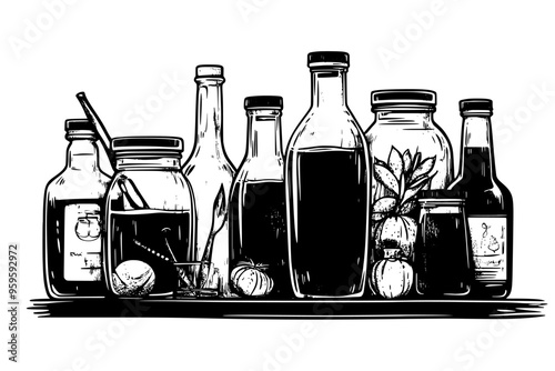 Glass containers and jars with liquid, placed on a table alongside fermentation tools, vector illustration art