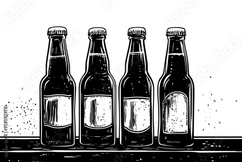 Glass bottles of gourmet soft drinks standing upright on a bar counter, vector illustration art