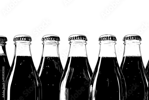Multiple artisanal soda bottles displayed neatly on a stone countertop, vector illustration art