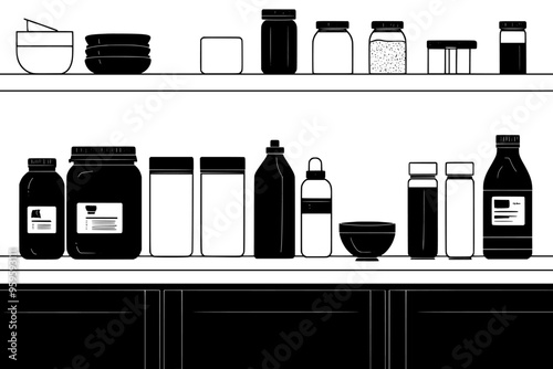 Protein smoothie bottles arranged neatly on a clean kitchen counter, vector illustration art