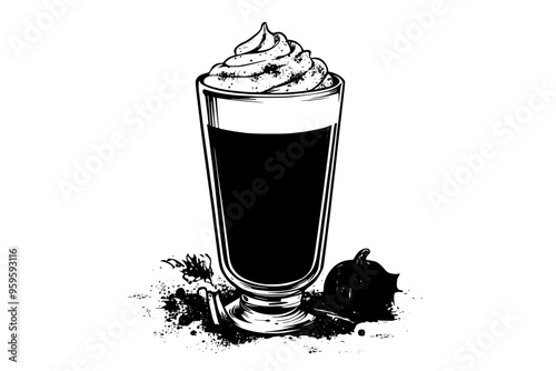 Tall glass of pumpkin spice latte with frothy top and spice garnish, vector illustration art