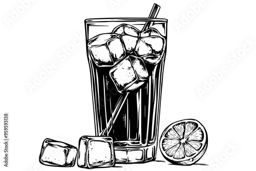 Tall glass of iced tea with lemon slices and ice cubes on the surface, vector illustration art