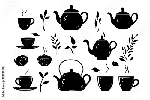 Teapots and cups filled with liquid, arranged with loose tea leaves on a clean surface, vector illustration art