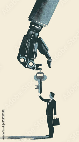 Robot Hand and Businessman Pulling Giant Key, Fear of New Technologies and Artificial Intelligence