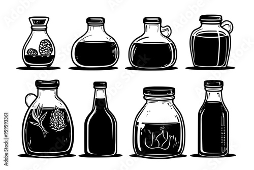 Various bottles and jars with liquid on a table, with visible signs of fermentation, vector illustration art