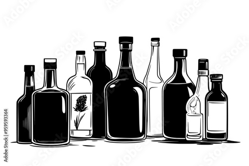 Various bottles and jars with liquid on a table, with visible signs of fermentation, vector illustration art