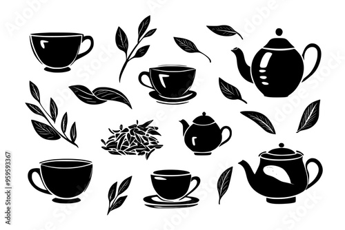Various cups and teapots with liquid, surrounded by loose tea leaves on a neutral background, vector illustration art