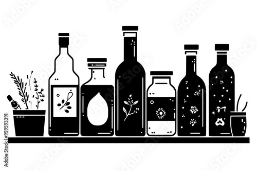 Various jars and bottles with liquid, alongside fermentation vessels on a table, vector illustration art
