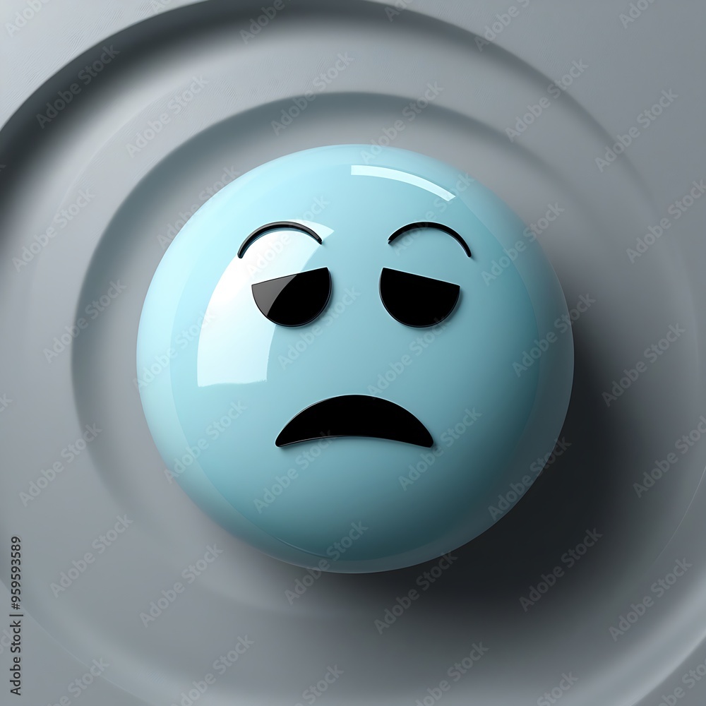 3D circle with half-circle eyes and a downward-curving mouth, light blue with a glossy finish, set against a subtle gray background 3D circle with half-circle eyes and a downward-curving mouth, light blue with a glossy finish, set against a subtle gray background