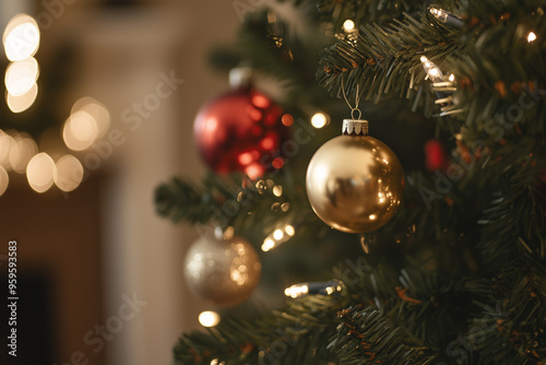 Christmas tree with baubles. Christmas background