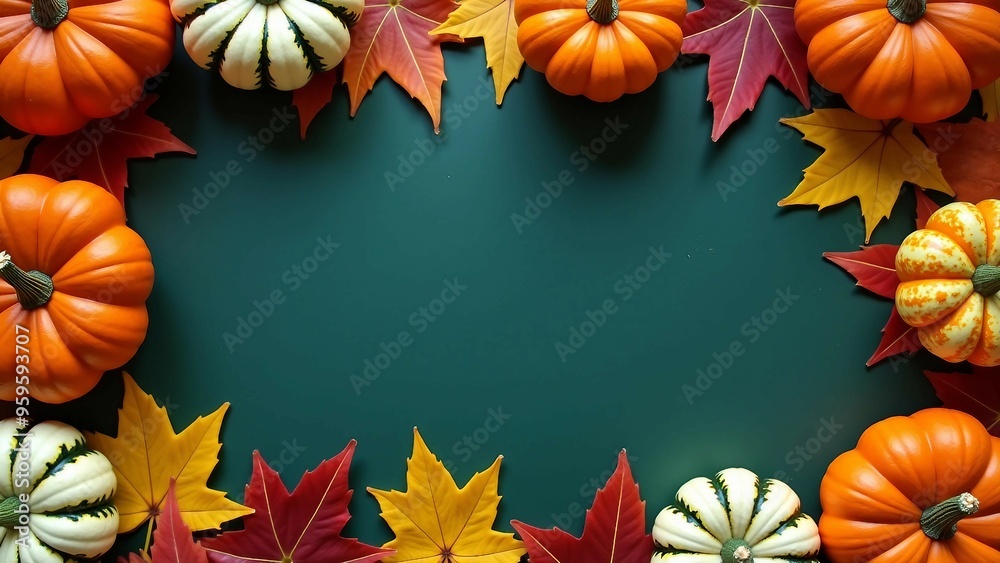 Fototapeta premium Autumn Pumpkins and Colorful Leaves on Green Background