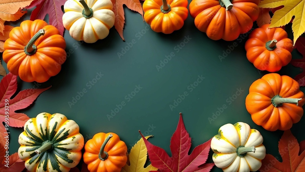 Autumn Pumpkins and Colorful Leaves on Green Background Autumn Pumpkins and Colorful Leaves on Green Background