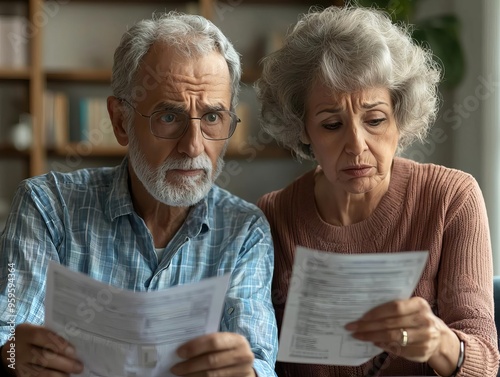 Elderly couple with worried expressions reviewing bills at home, fading background indicating shrinking wealth, interest rates downturn, personal finance struggles photo