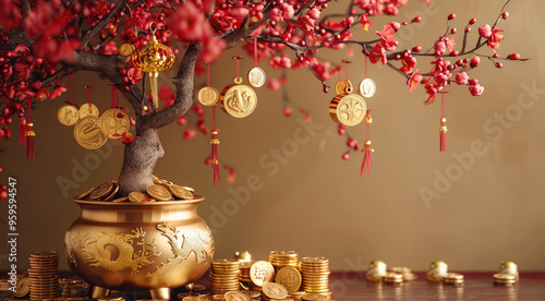 A golden money tree is hung with many gold coins and red chinoiserie decorations. On the front is an ancient bronze pot filled with a dozen large shiny yellow gold ingots. background is light brown. photo