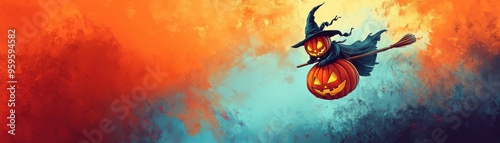 A vibrant Halloween scene featuring a witch flying on a broomstick with glowing pumpkins against an eerie background. photo