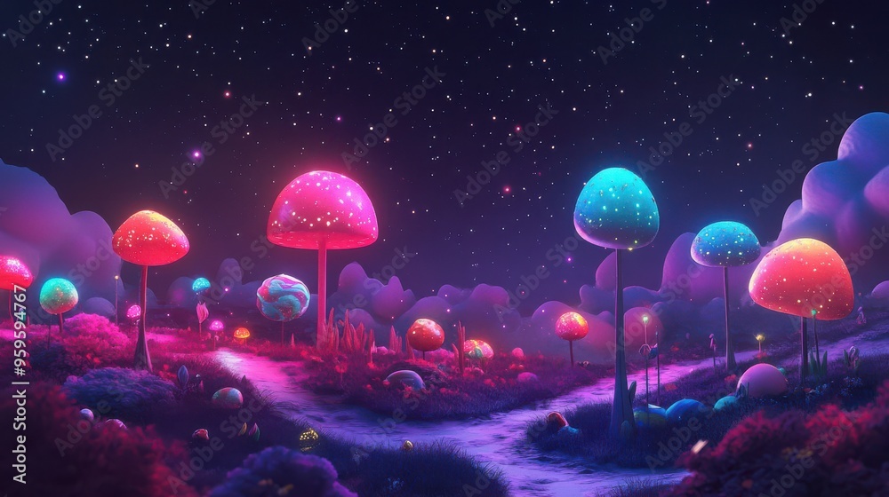 A vibrant, colorful landscape filled with glowing mushrooms under a starry sky, evoking a magical fantasy world.