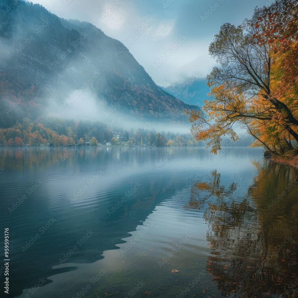 Misty autumn scene of Hallstatt lake. Splendid morning viev of Hallstatt village, in Austria's mountainous Salzkammergut region, Austria. Beauty of countryside concept background Misty autumn scene of Hallstatt lake. Splendid morning viev of Hallstatt village, in Austria's mountainous Salzkammergut region, Austria. Beauty of countryside concept background