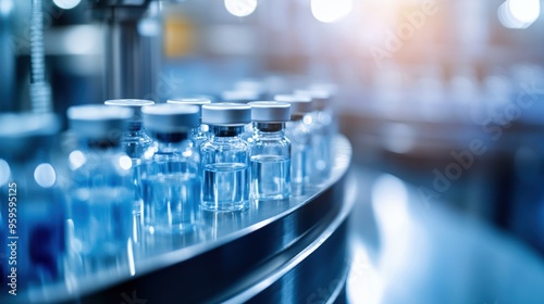 A close-up of sterile vaccine vials on a production line, showcasing modern pharmaceutical manufacturing in a clean environment.