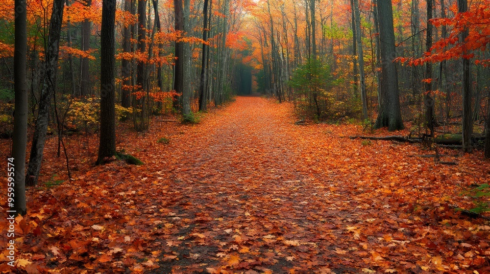 A path lined with fall foliage leads through a dense forest. A path lined with fall foliage leads through a dense forest.