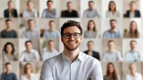 A confident man smiles in front of diverse backgrounds, showcasing teamwork and collaboration in a modern workplace.