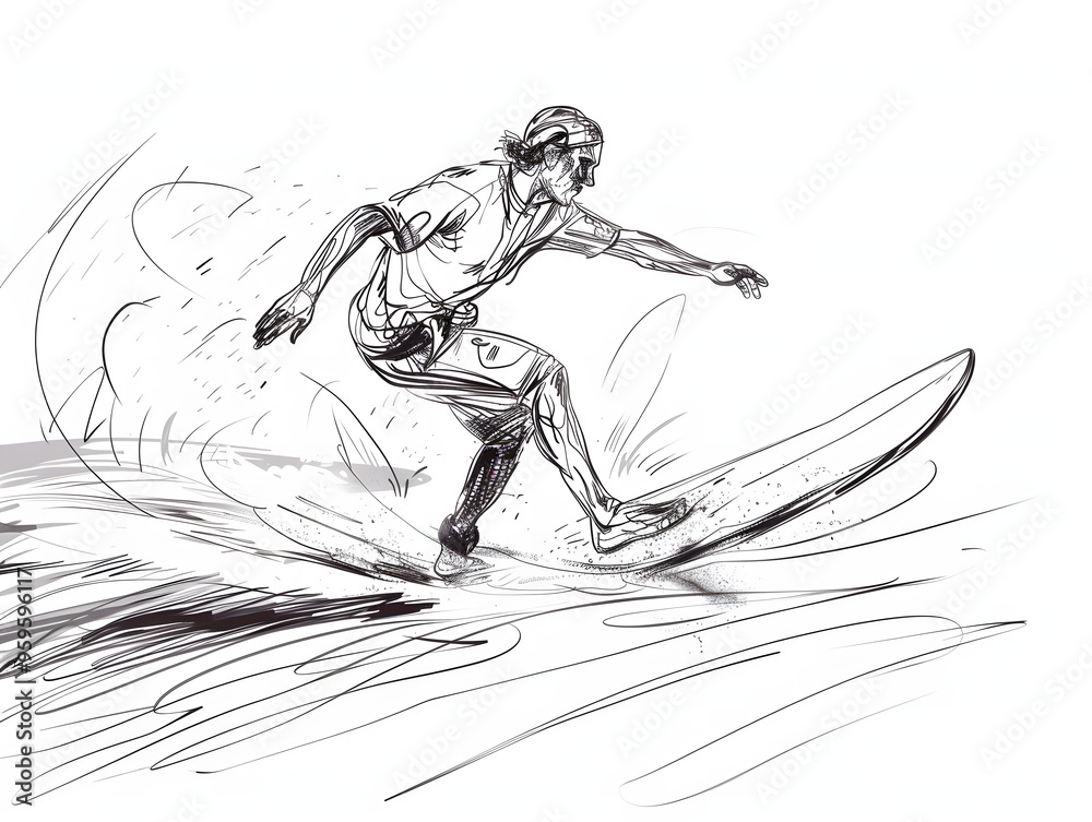 Fototapeta premium Surfing line drawing illustration