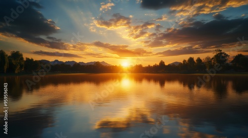 A lake reflecting the setting sun with mountains in the background.