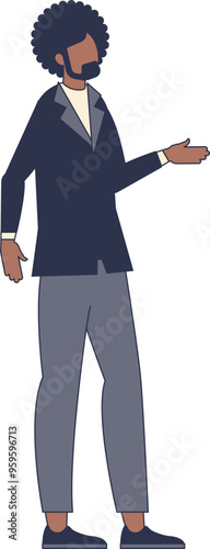 Confident Afro-American businessman in a suit standing with a raised hand, symbolizing leadership and success.