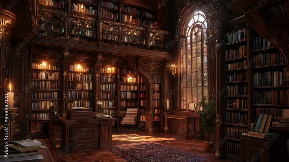 A large, dimly lit library with bookshelves lining the walls, a large window, a desk, and a chair. A large, dimly lit library with bookshelves lining the walls, a large window, a desk, and a chair.
