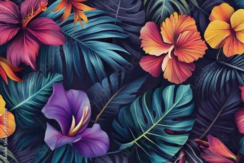 Pattern of tropical leaves and exotic flowers in vibrant colors. Include various types of leaves such as palm, monstera, and banana leaves, set against a deep, contrasting background 