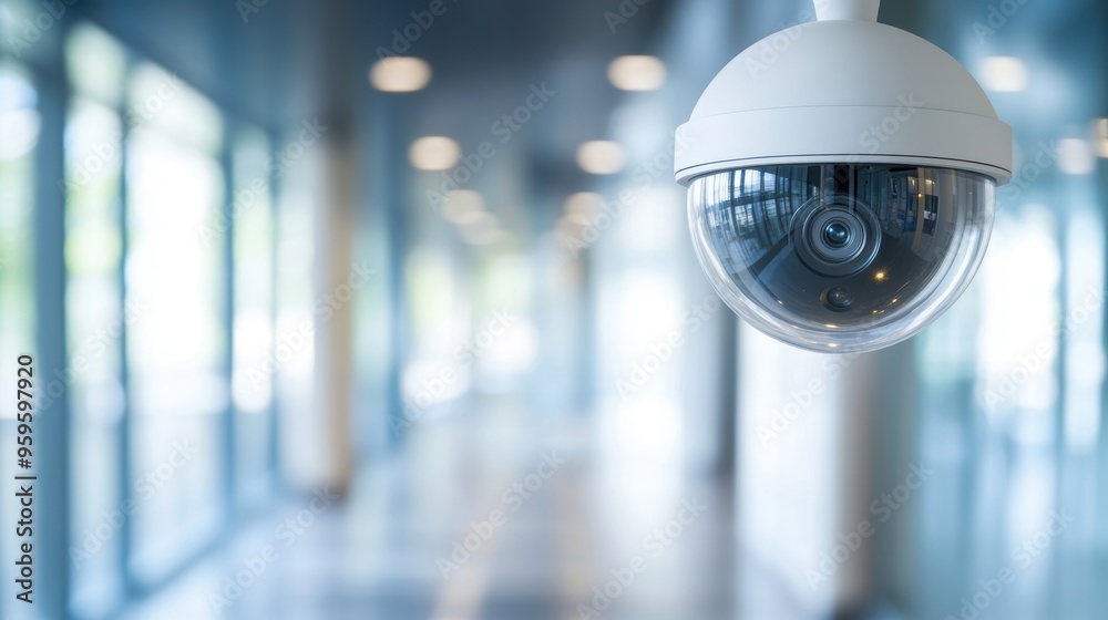 A modern security camera suspended in a well-lit hallway, capturing the essence of surveillance technology. A modern security camera suspended in a well-lit hallway, capturing the essence of surveillance technology.